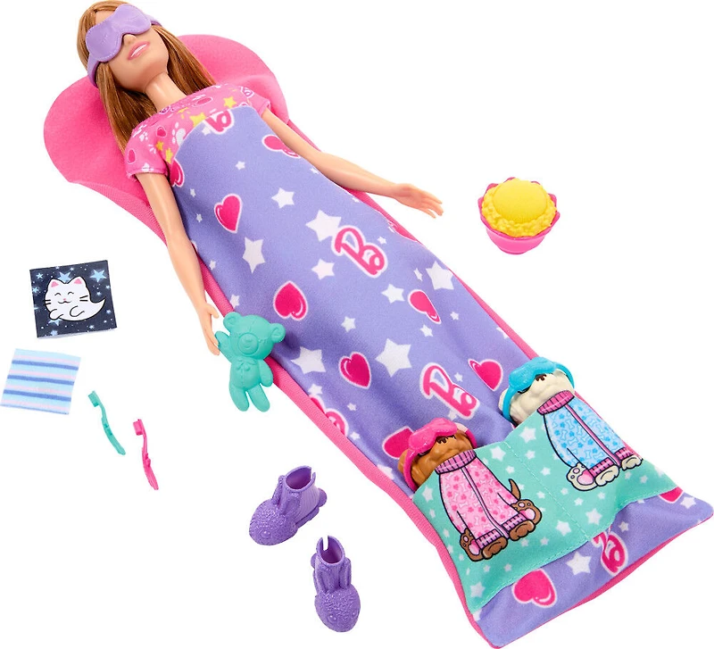 Barbie-Soirée Pyjama Chiots-Coffret poupée, 2chiots, 11accessoires