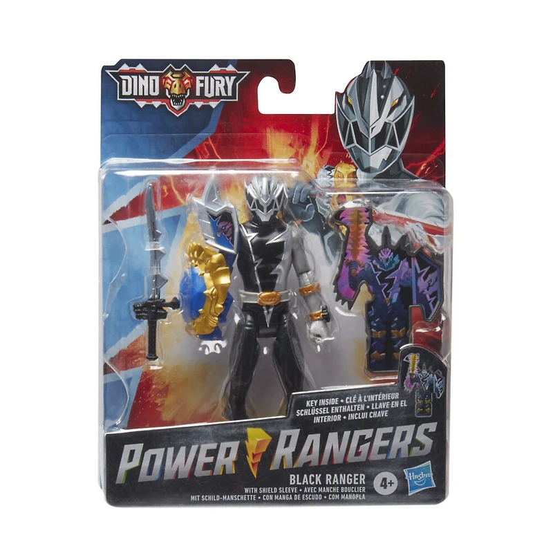 Power Rangers Dino Fury, Ranger noir avec manche bouclier, figurine Dino Fury et sabre Chromafury