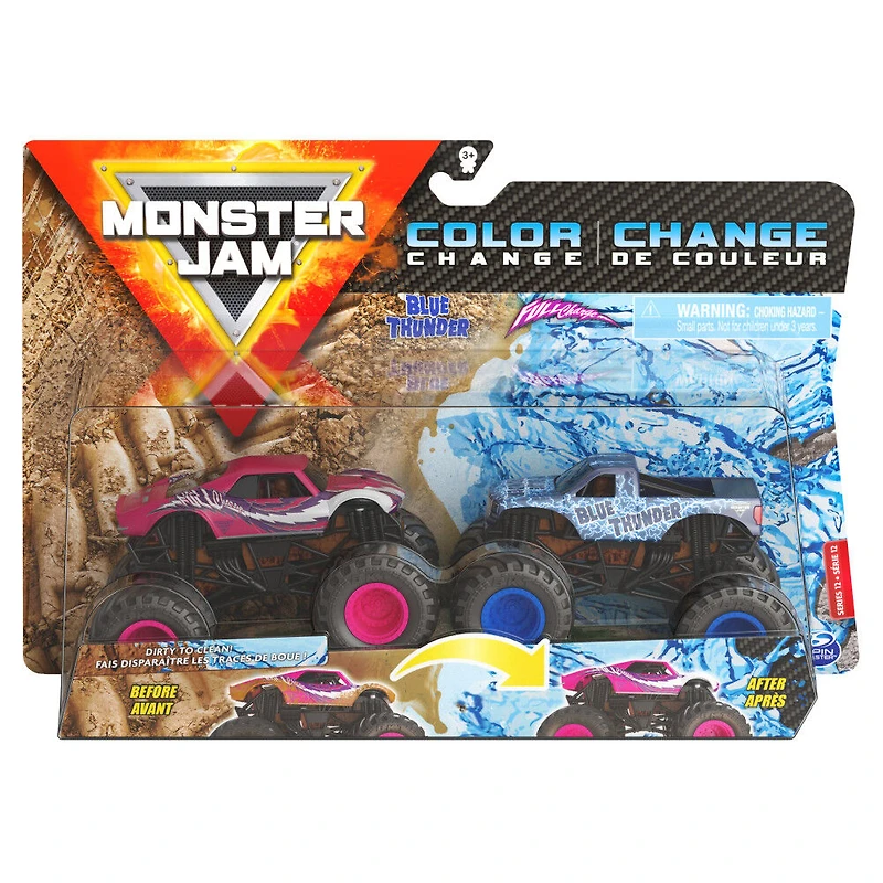 Monster Jam, Coffret de 2 monster trucks officiels en métal moulé Blue Thunder vs Full Charge qui changent de couleur, échelle 1:64