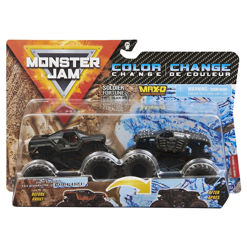 Monster Jam, Coffret de 2 monster trucks officiels en métal moulé Soldier Fortune Black Ops vs Max-D qui changent de couleur, échelle 1:64
