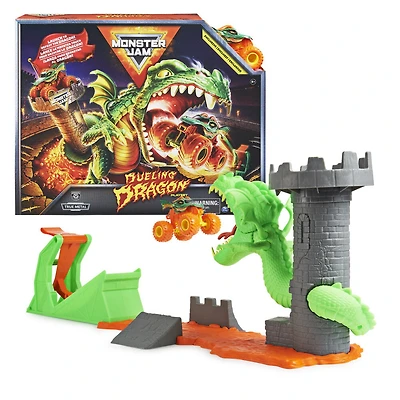 Monster Jam, Dueling Dragon Playset avec monster truck Dragon exclusif à l'échelle 1:64