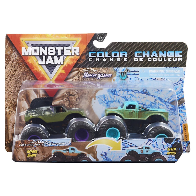 Monster Jam, Coffret de 2 monster trucks officiels en métal moulé Mohawk Warrior vs. W qui changent de couleur, échelle 1:64