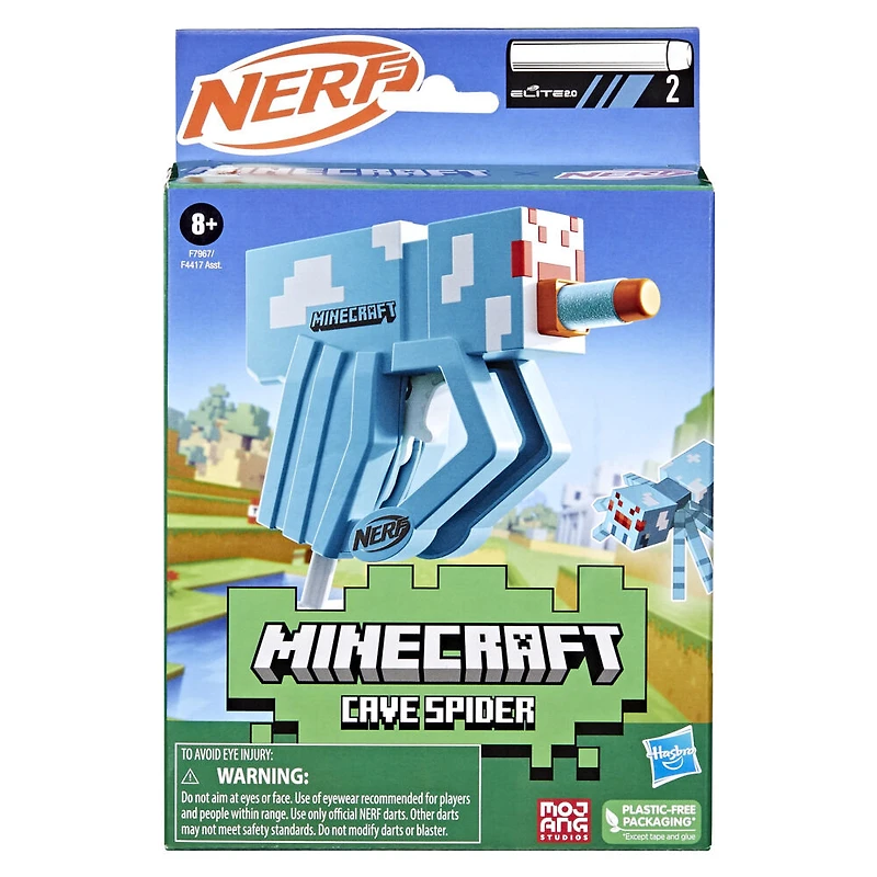 Nerf MicroShots Minecraft Cave Spider Blaster, 2 Nerf Elite Foam Darts, Minecraft Spider Mob Design