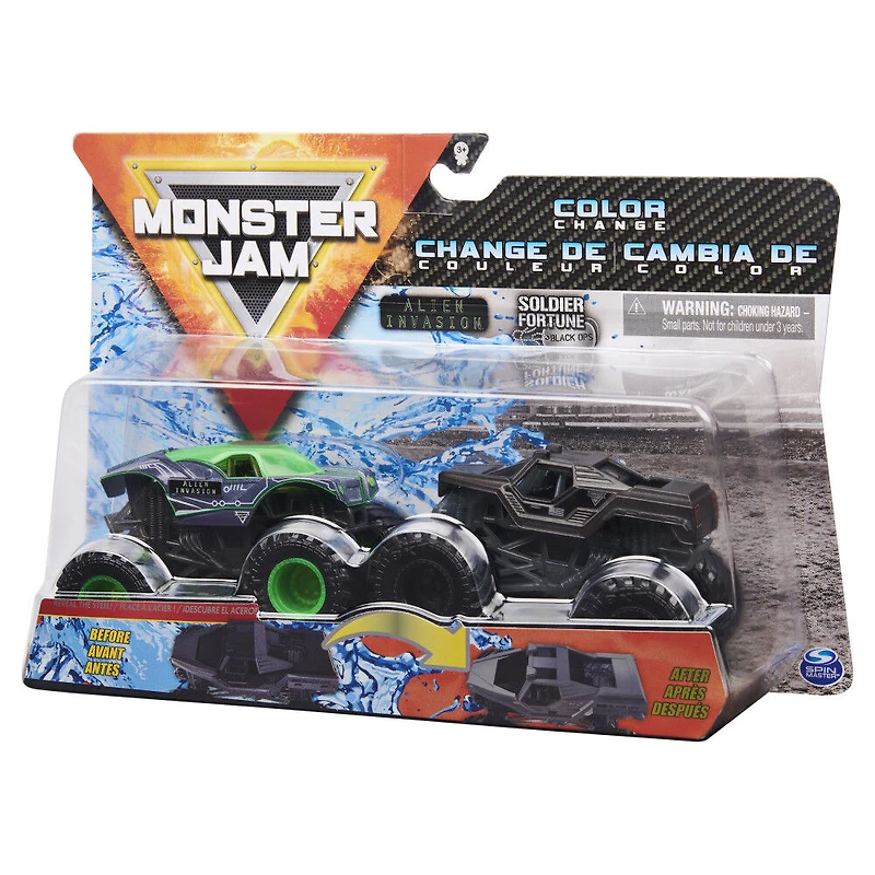 Monster Jam, Monster trucks Alien Invasion vs Soldier Fortune Black Ops officiels qui changent de couleur en métal moulé, échelle 1:64