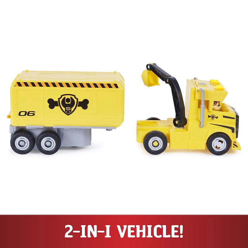 PAW Patrol, Camion 2-en-1 transformable X-Treme Truck de Ruben avec excavatrice, grue, sons et lumières, figurines