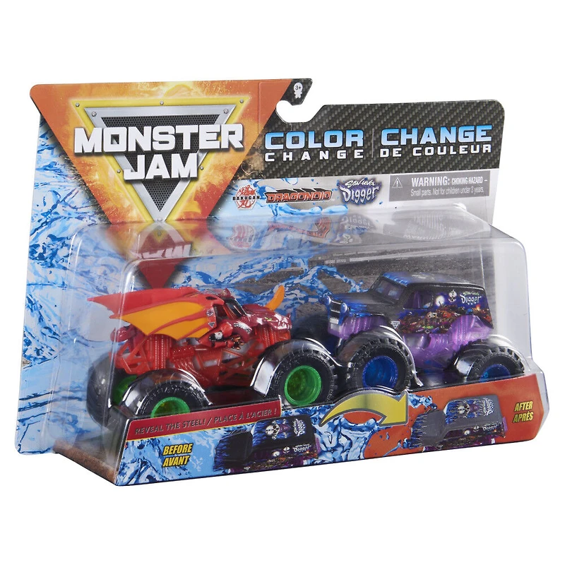 Monster Jam, Monster trucks Bakugan Dragonoid vs Sonuva Digger officiels qui changent de couleur en métal moulé, échelle 1:64