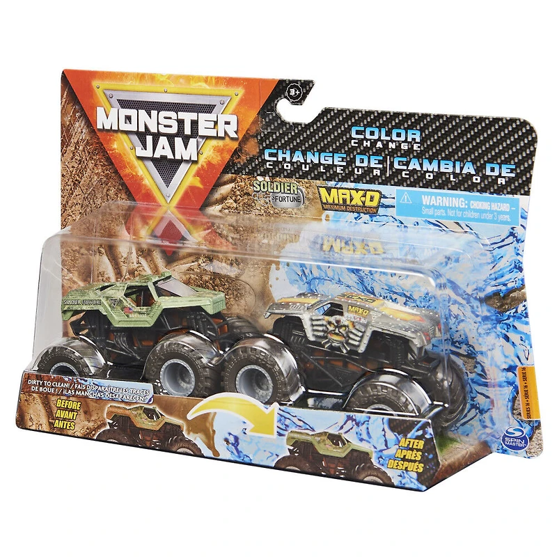 Monster Jam, Coffret de 2 monster trucks officiels en métal moulé Soldier Fortune vs. Max D qui changent de couleur, échelle 1:64