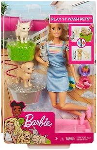 Barbie Play 'n' Wash Pets Playset with Blonde Barbie Doll and 3 Color-Change Animal Figures