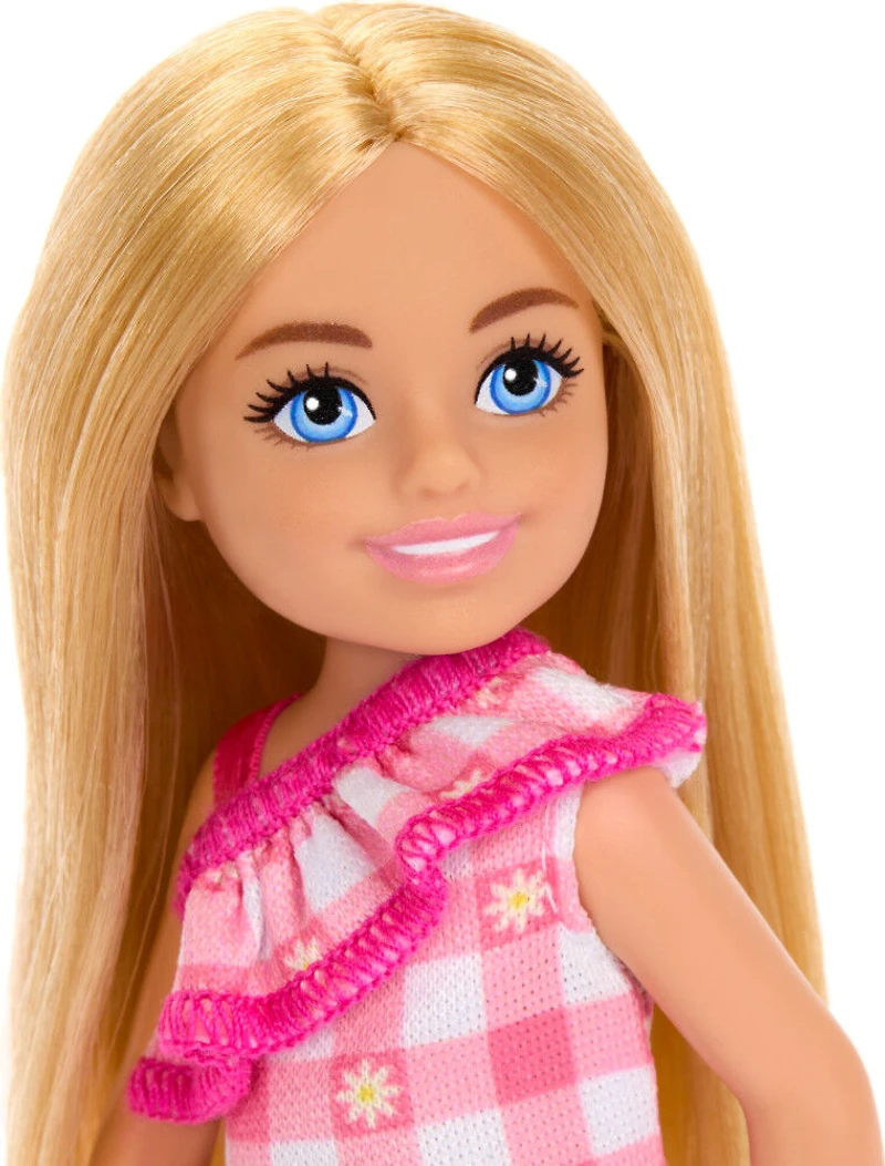 Barbie Chelsea Doll, Small Doll Wearing Removable Checked Dress with Blonde Hair & Blue Eyes