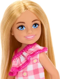 Barbie Chelsea Doll, Small Doll Wearing Removable Checked Dress with Blonde Hair & Blue Eyes