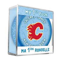 Logo du nouveau fan des Flames de Calgary de la LNH sur une rondelle bleue dans un cube