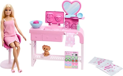 Barbie Face Mask Toy Playset & Doll with 10+ Spa Accessories Including 3 Powder Packs to Make Dough Masks
