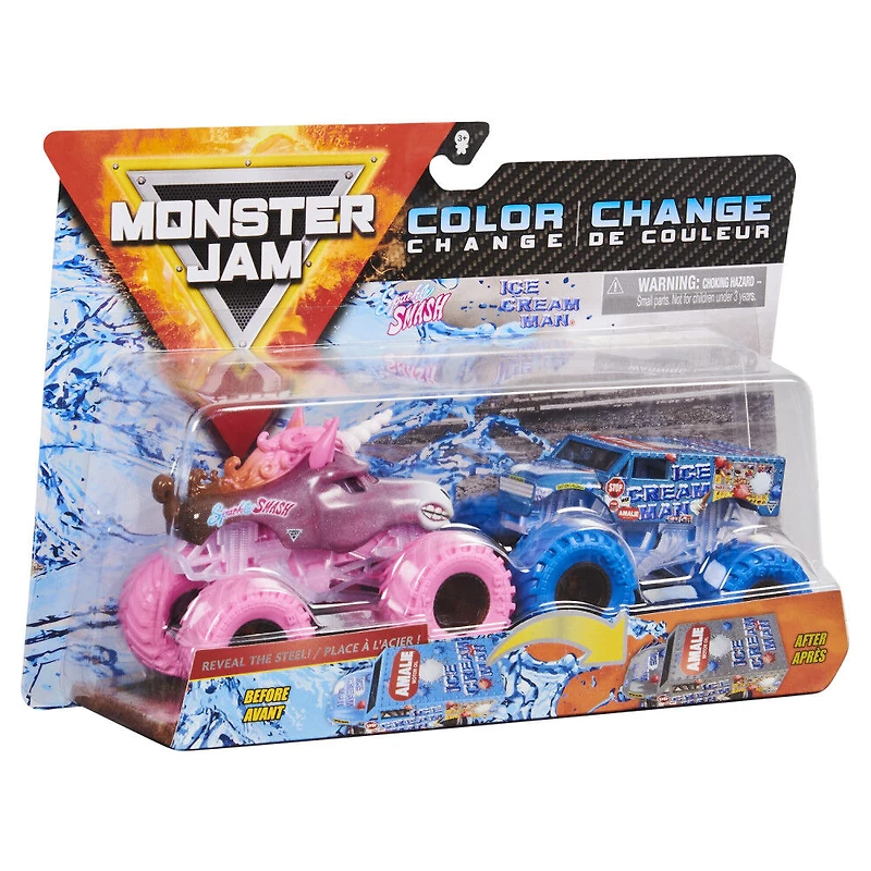 Monster Jam, Monster trucks Sparkle Smash vs. Ice Cream Man officiels qui changent de couleur en métal moulé, échelle 1:64
