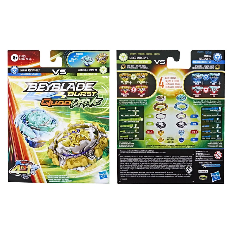 Beyblade Burst QuadDrive, Pack de 2 toupies de compétition Magma Roktavor R7 et Gilded Balderov B7