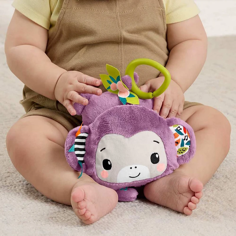 Fisher-Price Jouet pour poussette Sing & Go Singe violet en peluche sensorielle avec plis et claquements