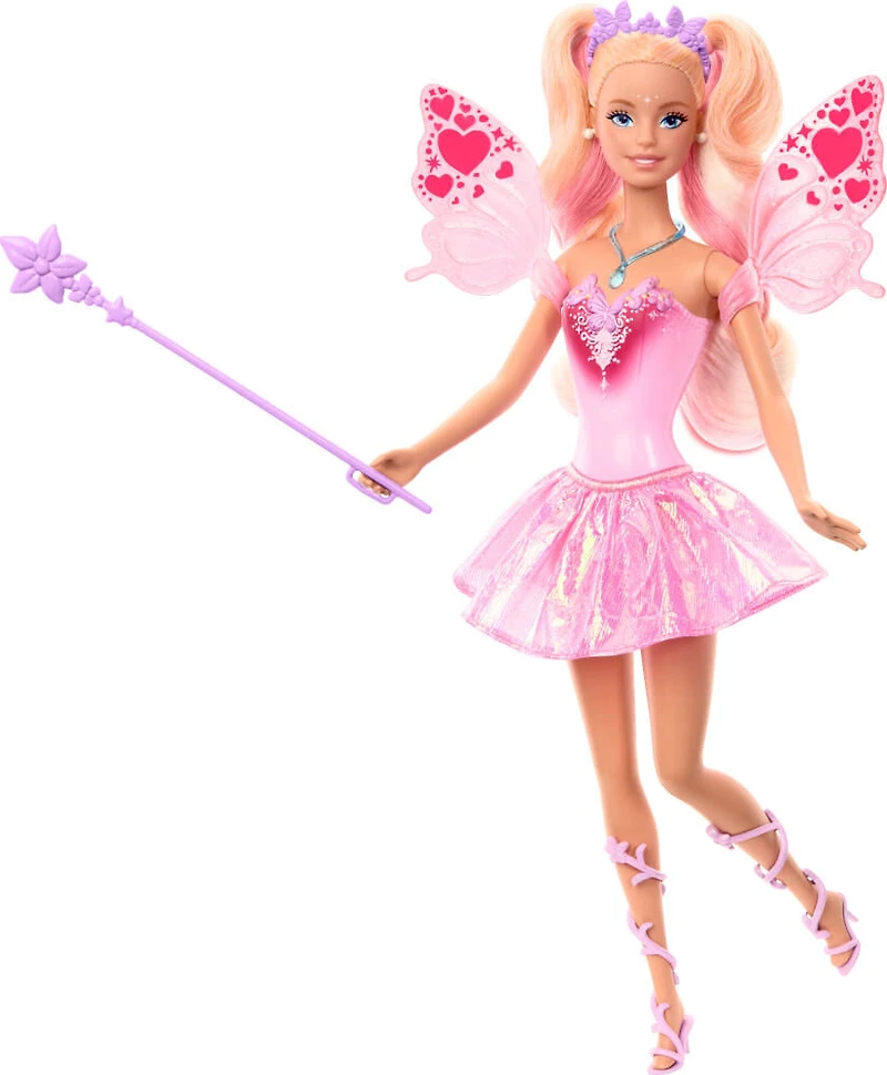 Barbie Fantaisie Poupée Fée, ailes et tenue à changement de couleur