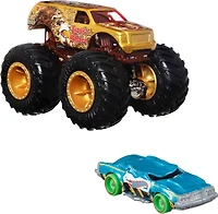 Hot Wheels Monster Trucks 1:64 Scale Vehicles 2 Pack; 1 Die-Cast Truck & 1 Car
