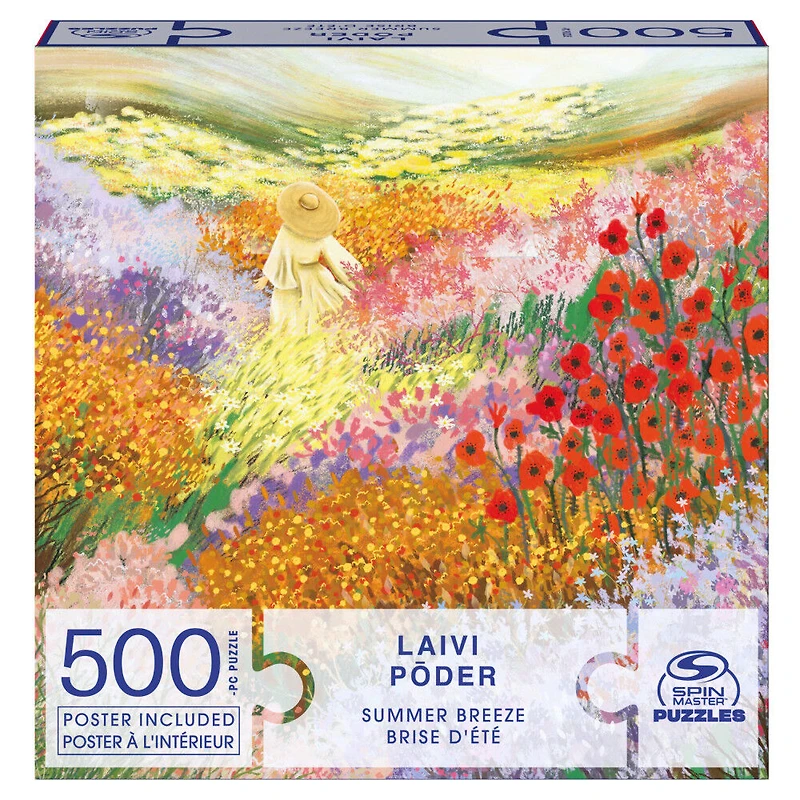 Puzzles Spin Master, Brise d'été, Puzzle de 500 pièces par l'artiste Laivi Põder représentant un paysage de fleurs, avec poster