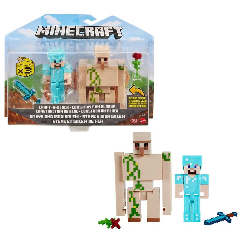 Minecraft - Créer-Un-Bloc - Figurines Steve Et Golem De Fer