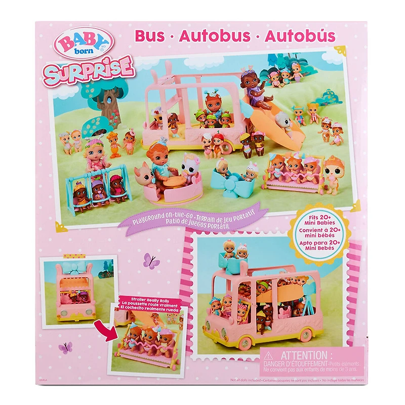 Jeu d'autobus BABY BORNMD Surprise avec 2 mini bébés jumeaux exclusifs / terrain de jeu 6 en 1 mobile pour tous vos animaux et bébés BABY BORNMD Surprise à collectionner / peut convenir à 20+ mini bébés BABY BORNMD Surprise