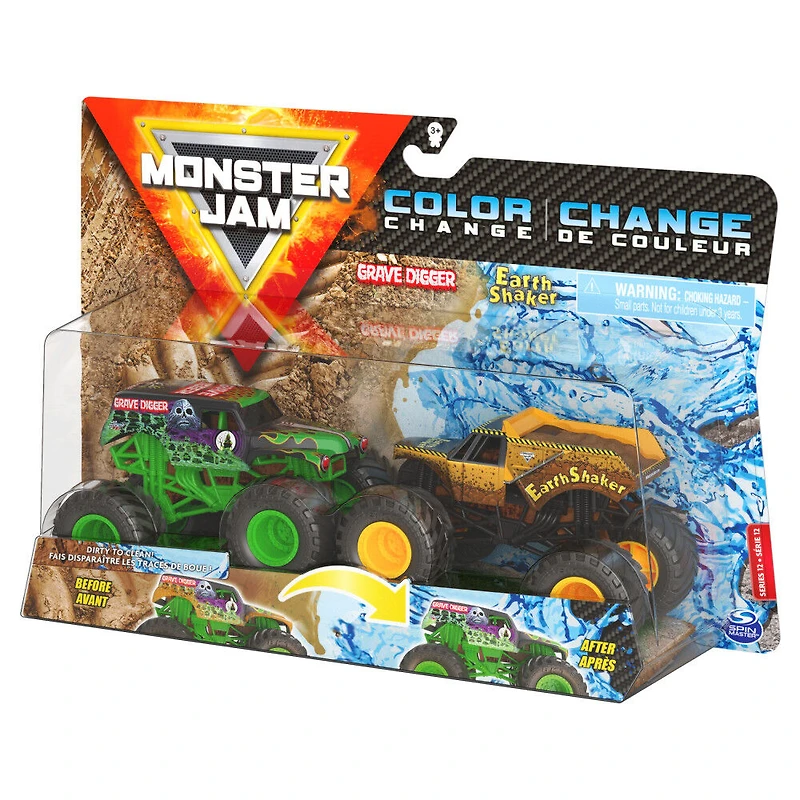 Monster Jam, Coffret de 2 monster trucks officiels en métal moulé Grave Digger vs Earth Shaker qui changent de couleur, échelle 1:64