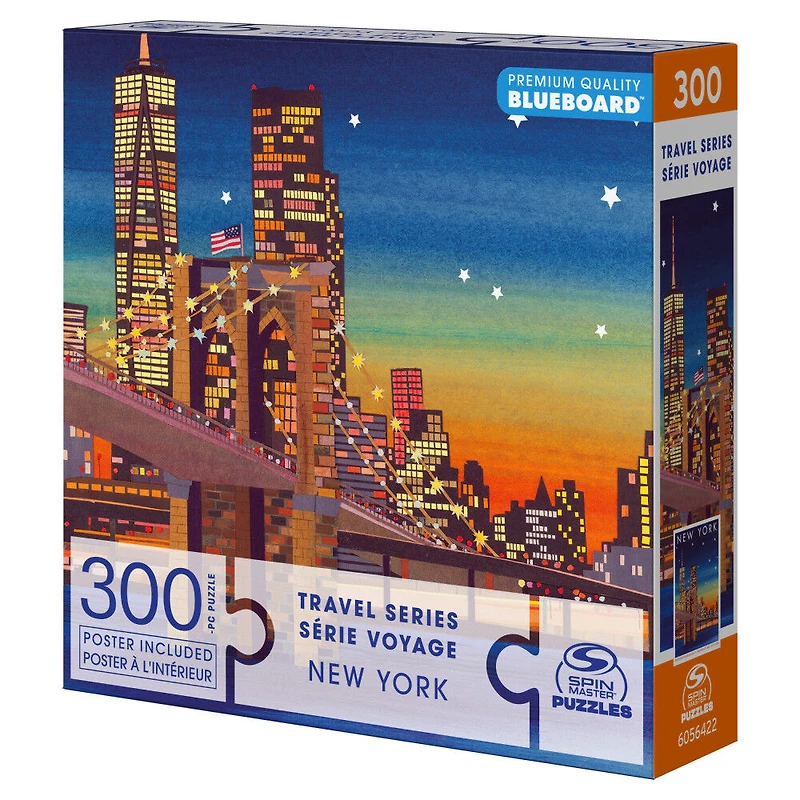 Puzzles Spin Master, New York, Puzzle BlueBoard de 300 pièces de la série Voyage représentant la silhouette des immeubles de Manhattan et le pont de Brooklyn, avec poster