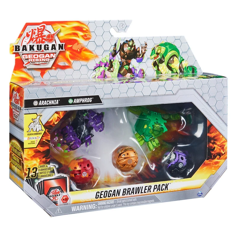 Bakugan, Geogan Brawler Pack de 5, Geogan Arachnia et Amphrog exclusifs et 3 figurines articulées à collectionner Bakugan