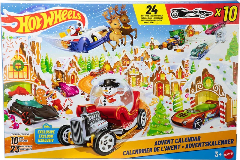 Hot Wheels 2025 Advent Calendar with 10 Toy Vehicles in 1:64 Scale & 24 Accessories