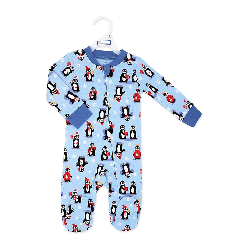 Baby Mode Zipped Cotton Christmas Sleeper: Blue Penguin 0-3M