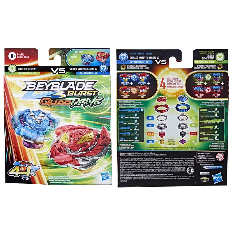 Beyblade Burst QuadDrive, Pack de 2 toupies de compétition Salvage Valtryek Rashad V7 et Gilded Nemesis N7