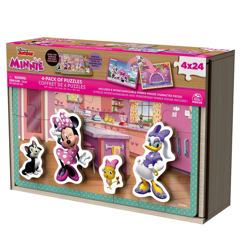 Minnie Mouse, 24-Piece Jigsaw Puzzles 4-Pack Bundle with 8 Interchangeable Minnie Mouse Character Pieces and Wooden Slide Box