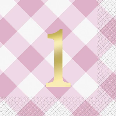 Pink Gingham 1st Bday Lunch Napkins 16 pieces