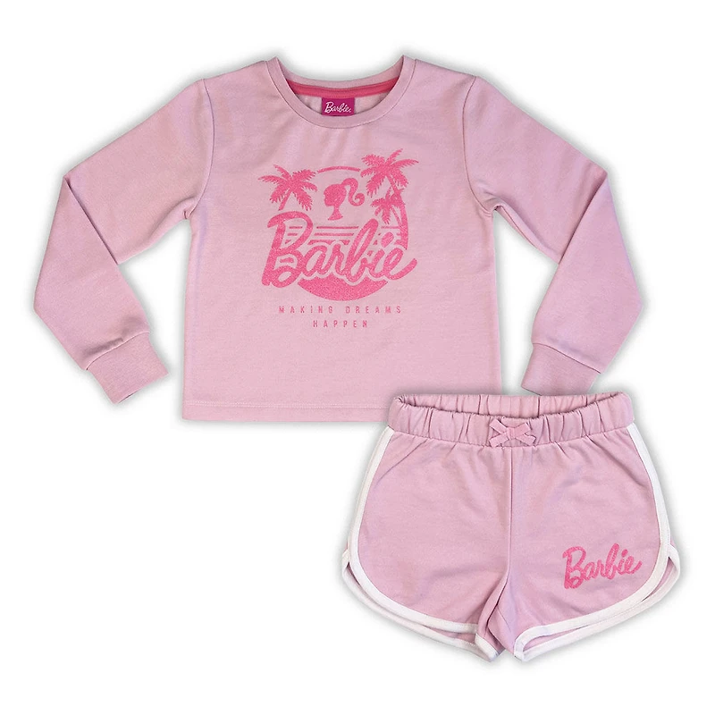 Barbie 2 Pièces Col Rond et Short à Manches Longues - Rose