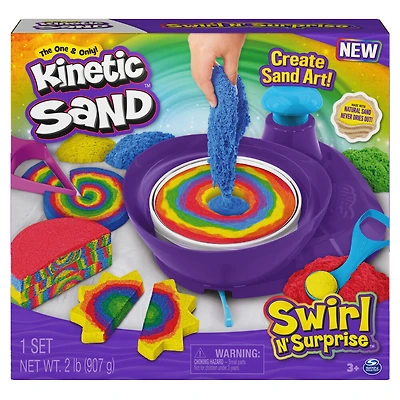 Kinetic Sand, Coffret Swirl N' Surprise avec 907 g de sable modelable rouge, bleu, vert et jaune et 4 outils