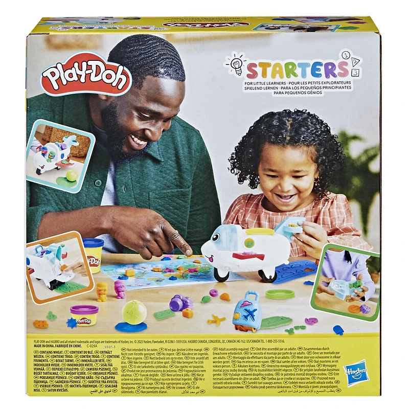 Play-Doh, coffret Starter Mon avion des découvertes, jouets préscolaires pour filles et garçons avec avion, tapis d'activité carte du monde, 3 accessoires et 4 couleurs de pâte à modeler