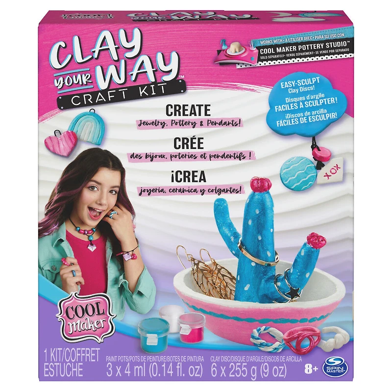 Cool Maker, Clay Your Way, Coffret créatif de poterie avec 6 disques d'argile séchant à l'air, peinture et outils