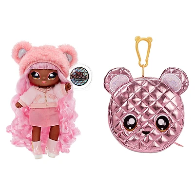 Poupée-mannequin Na Na Na Surprise 2 en 1 et sac à main métallique de la série Glam - Cali Grizzly, poupée aux cheveux roses avec un sac à main ourson rose