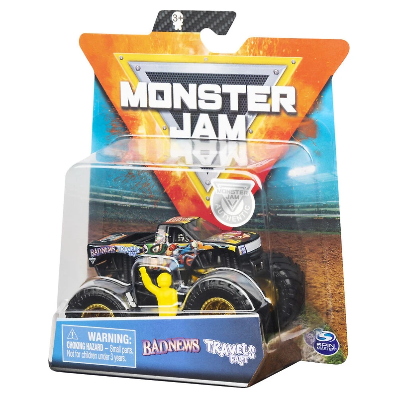 Monster Jam, Monster truck authentique Bad News Travels Fast en métal moulé à l'échelle 1:64, série Arena Favorites