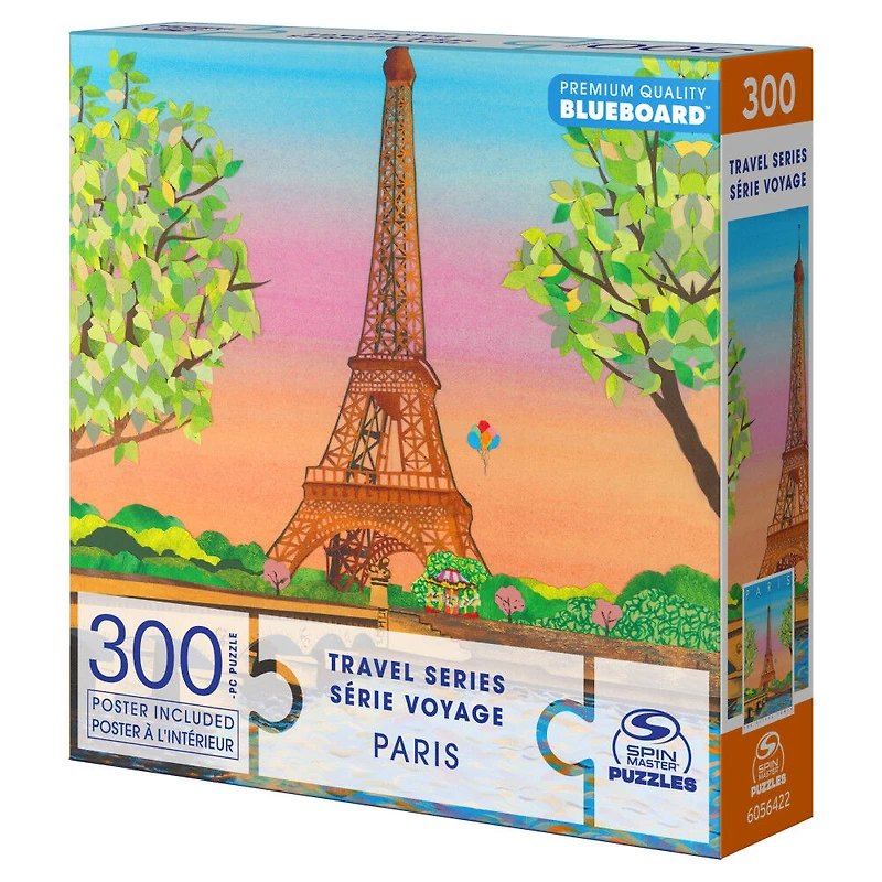 Spin Master Puzzles, Paris France 300-Piece Jigsaw Blueboard Puzzle Eiffel Tower Sunset Travel Series with Poster