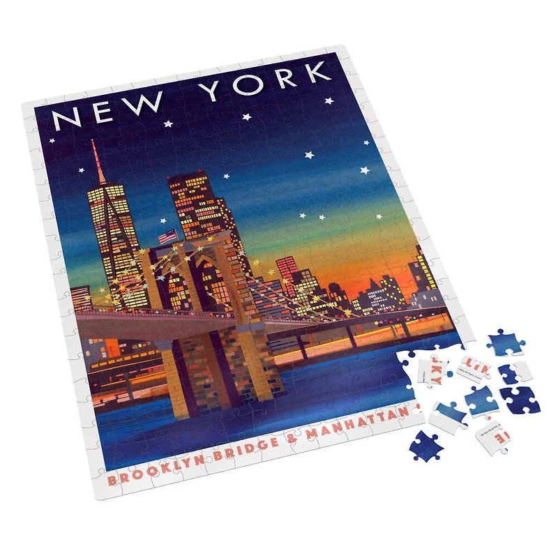 Puzzles Spin Master, New York, Puzzle BlueBoard de 300 pièces de la série Voyage représentant la silhouette des immeubles de Manhattan et le pont de Brooklyn, avec poster