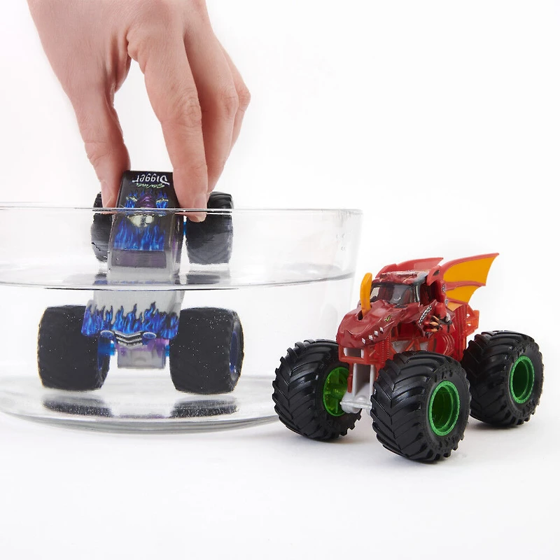Monster Jam, Monster trucks Bakugan Dragonoid vs Sonuva Digger officiels qui changent de couleur en métal moulé, échelle 1:64