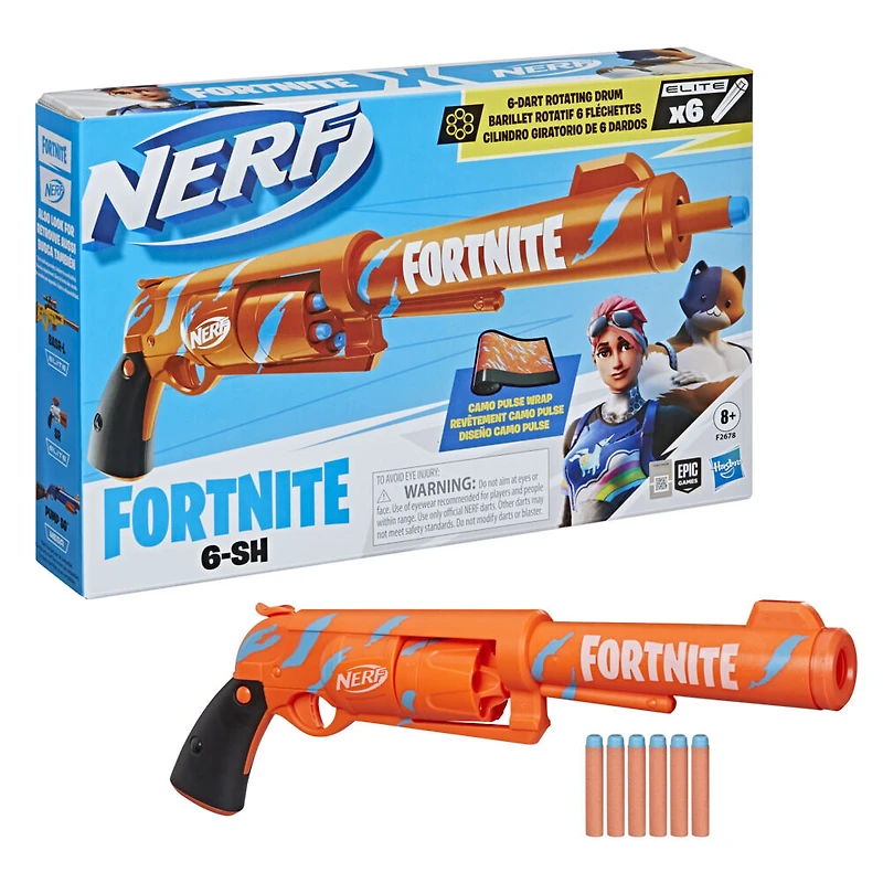 Nerf Fortnite, blaster 6-SH avec revêtement Camo Pulse, mécanisme à percuteur, barillet rotatif 6 fléchettes