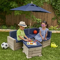 KidKraft - Ensemble modulaire extérieur en bois avec pouf, parasol et coussins, mobilier de patio pour enfants, gris bois de grange et marine