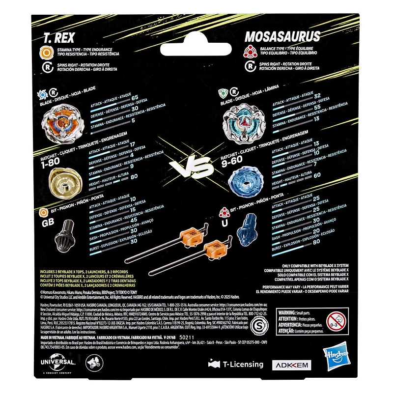 Collaboration Beyblade X Jurassic World T. Rex contre Mosasaurus, multipack