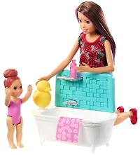 Coffret de jeu Barbie Skipper Babysitters Inc. avec baignoire, poupée Skipper Gardienne d'enfants et poupée de tout-petit avec bouton pour actionner les bras