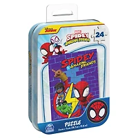 Marvel, Puzzle de 24 pièces Spidey and his Amazing Friends, Peter Miles, Gwen, produit officiel de comics de super-héros, avec boîte cadeau en métal