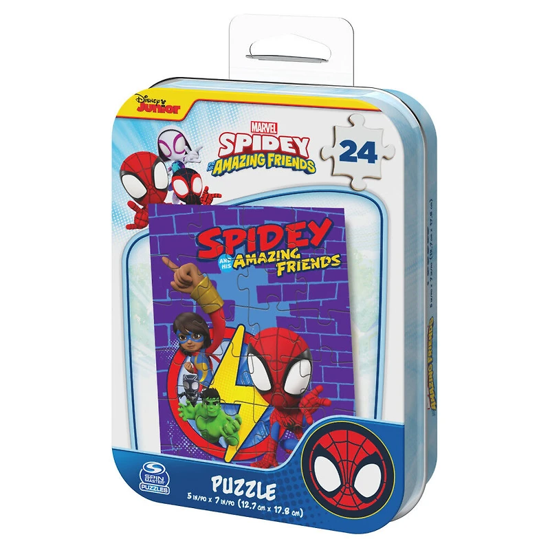 Marvel, Puzzle de 24 pièces Spidey and his Amazing Friends, Peter Miles, Gwen, produit officiel de comics de super-héros, avec boîte cadeau en métal