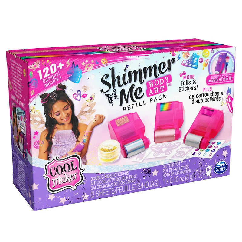 Cool Maker, Shimmer Me Body Art Refill Pack with Exclusive Glitter, 3 Metallic Foils, Over 120 Designs, Temporary Tattoo