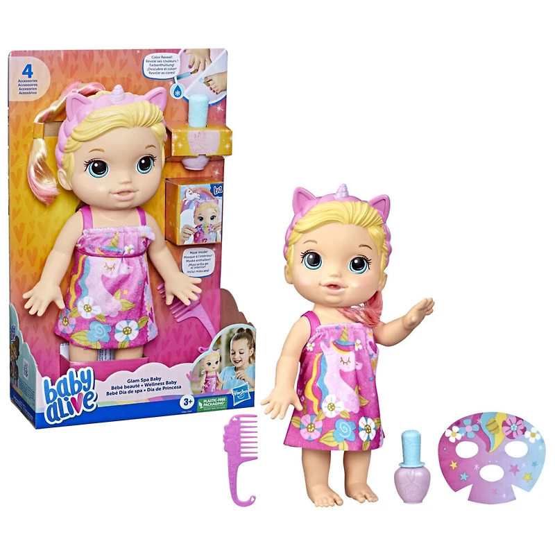 Baby Alive poupée Bébé beauté 32,5 cm à baigner, thème licorne, maquillage et ongles magiques, cheveux blonds, enfants