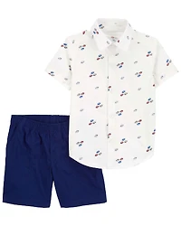 Carter's Two Piece Button Down Shirt and Short Set White 